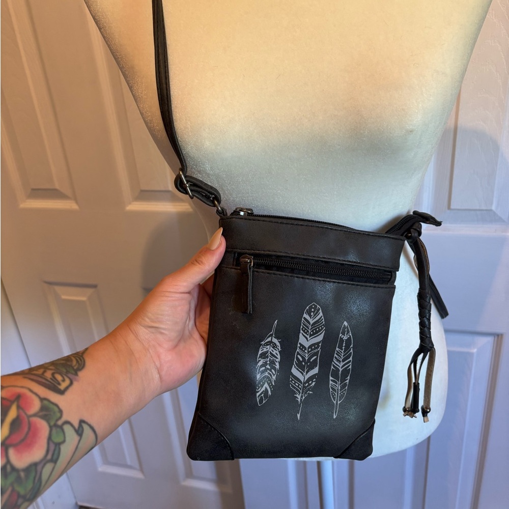 Black Crossbody Bag with Feather Design